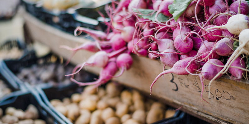 Radishes on farmers market stand with bins of potatoes below